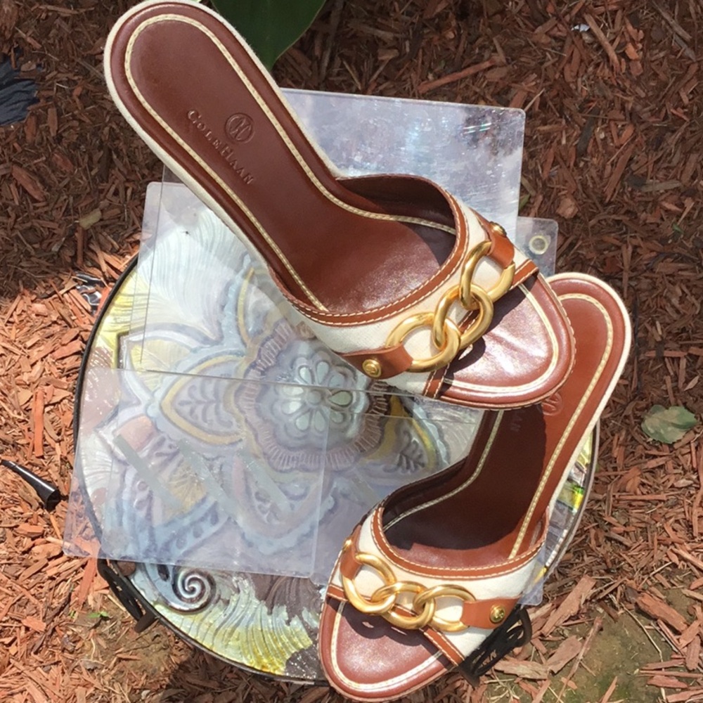 Cole Haan Kina Wedges Natural Linen/Brown leather Sandals - Picture 10 of 15